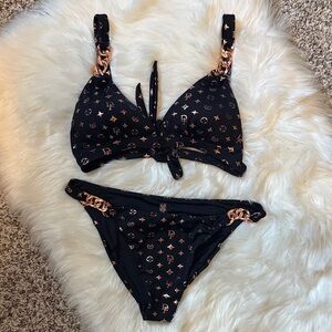 Black Bikini Set with Metallic Rose Gold Monogram Print different sizes READ